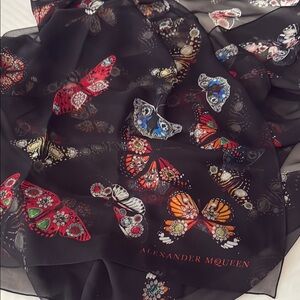 Alexander McQueen Black Scarf with Colorful Butterfly Motifs